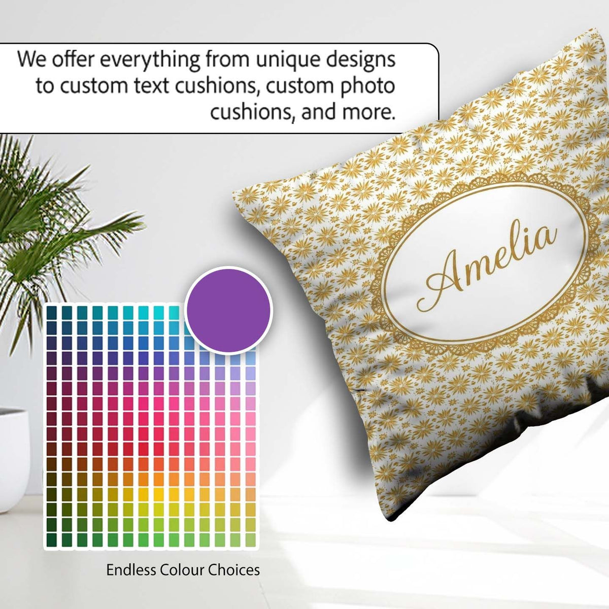 Custom Name Golden Starburst Seamless Pattern Elegant Geometric Square Filled Cushion Throw Pillow Sofa Bed Home Decor Zip Washable UK Made