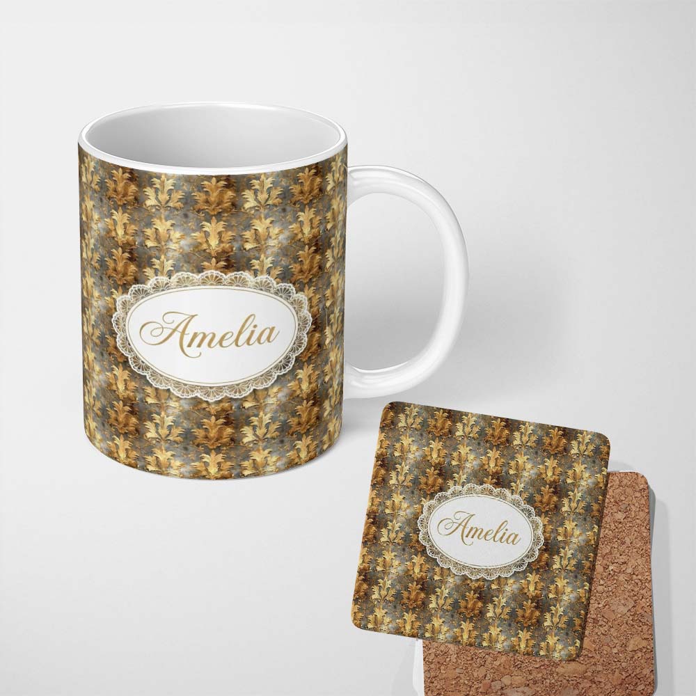 Personalized Custom Name Antique Gold Leaf Damask Seamless Pattern Vintage Luxury Texture 11oz Ceramic Coffee Tea Mug White Large Handle
