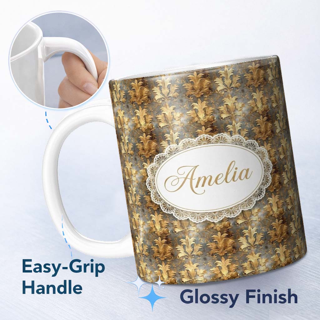 Personalized Custom Name Antique Gold Leaf Damask Seamless Pattern Vintage Luxury Texture 11oz Ceramic Coffee Tea Mug White Large Handle