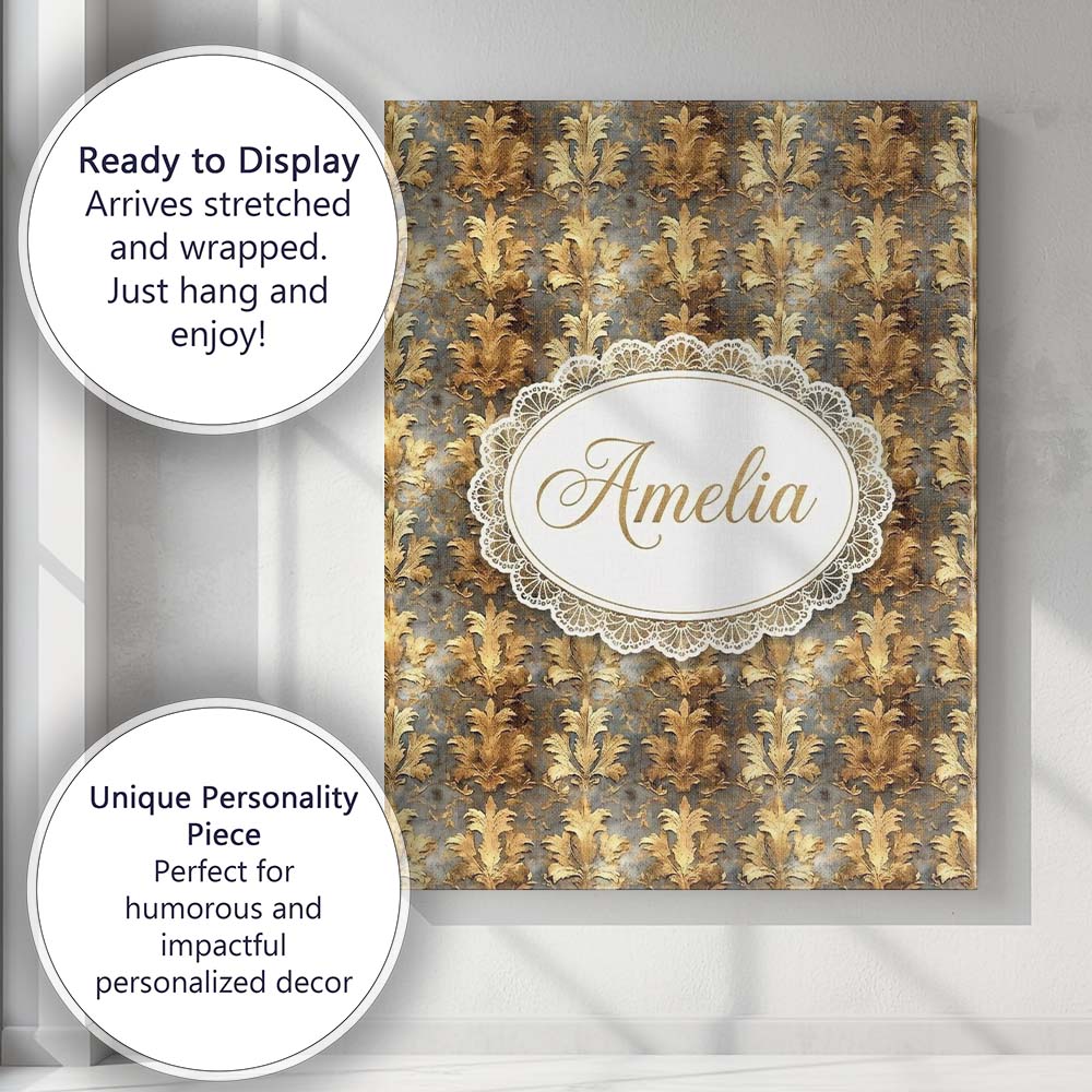 Personalised Name Antique Gold Leaf Damask Custom Unique Gift Idea Elegant Feature Canvas Wall Art Print Decor Picture Ready to Hang