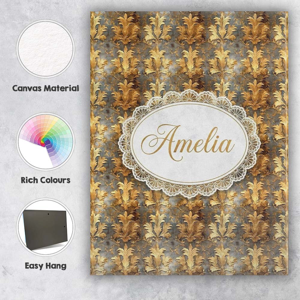 Personalised Name Antique Gold Leaf Damask Custom Unique Gift Idea Elegant Feature Canvas Wall Art Print Decor Picture Ready to Hang