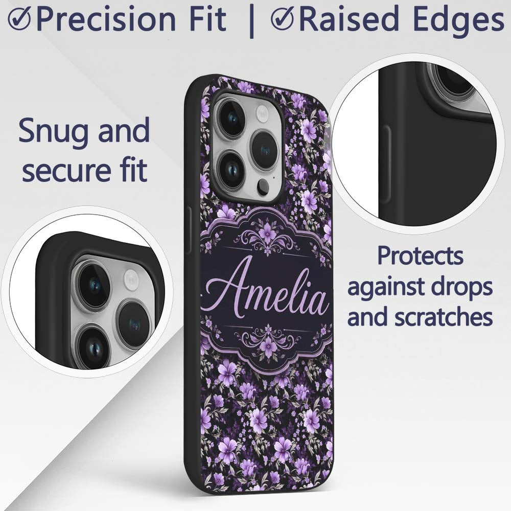 Purple Floral Seamless Pattern Printed Design Custom Name Protective Phone Case Mobile Cover Durable Everyday Smartphone Shock Resistant