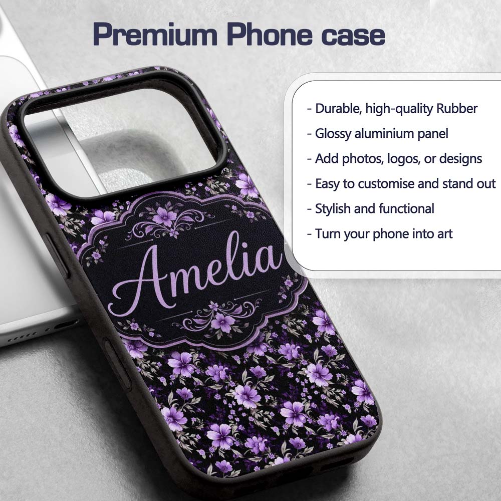 Purple Floral Seamless Pattern Printed Design Custom Name Protective Phone Case Mobile Cover Durable Everyday Smartphone Shock Resistant