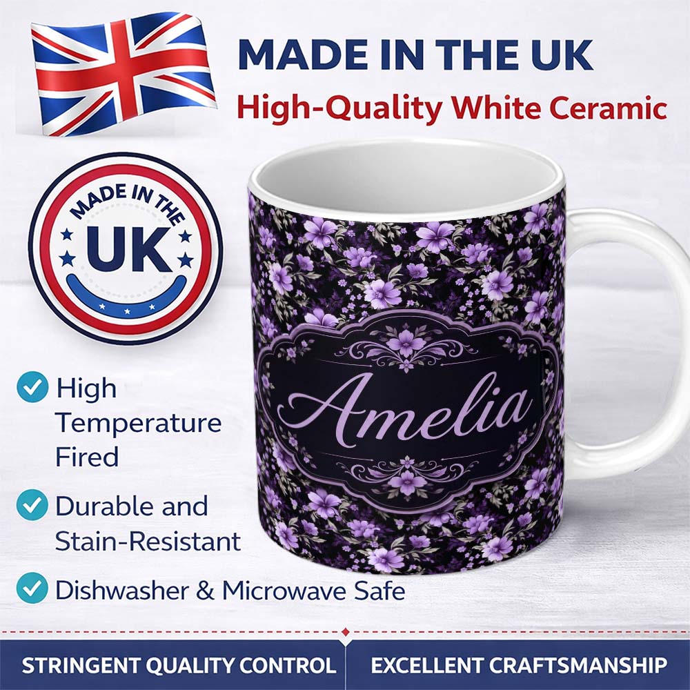 Personalized Custom Name Purple Floral Seamless Pattern Dark Elegant Botanical Design Name 11oz Ceramic Coffee Tea Mug White Large Handle