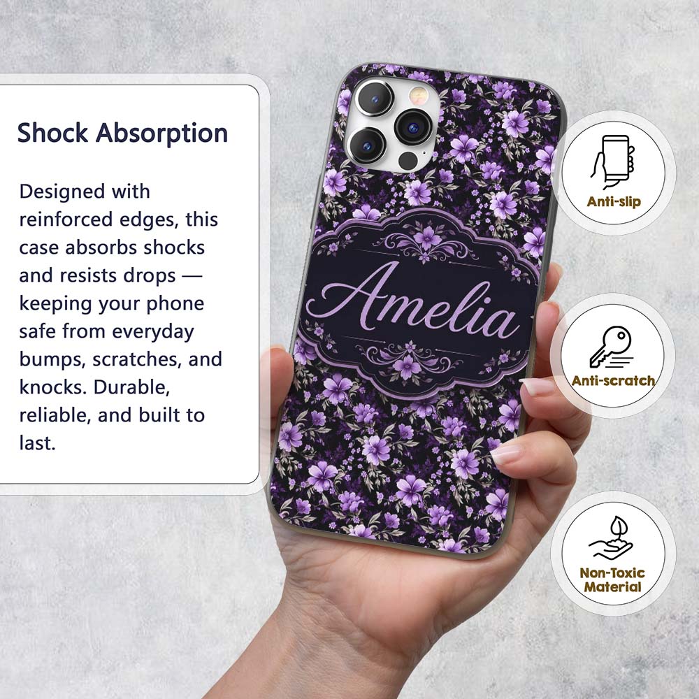 Purple Floral Seamless Pattern Printed Design Custom Name Protective Phone Case Mobile Cover Durable Everyday Smartphone Shock Resistant