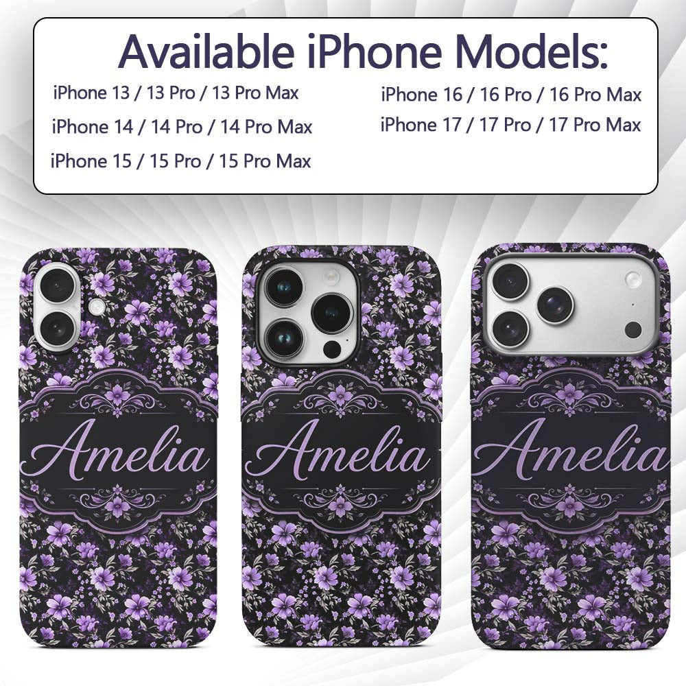 Purple Floral Seamless Pattern Printed Design Custom Name Protective Phone Case Mobile Cover Durable Everyday Smartphone Shock Resistant