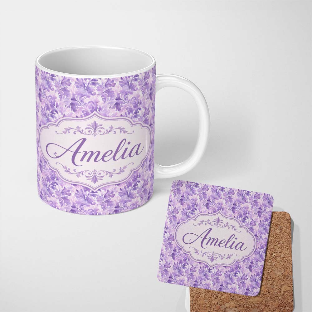 Personalized Custom Name Lavender Ornate Damask Seamless Pattern Soft Watercolor Floral 11oz Ceramic Coffee Tea Mug White Large Handle