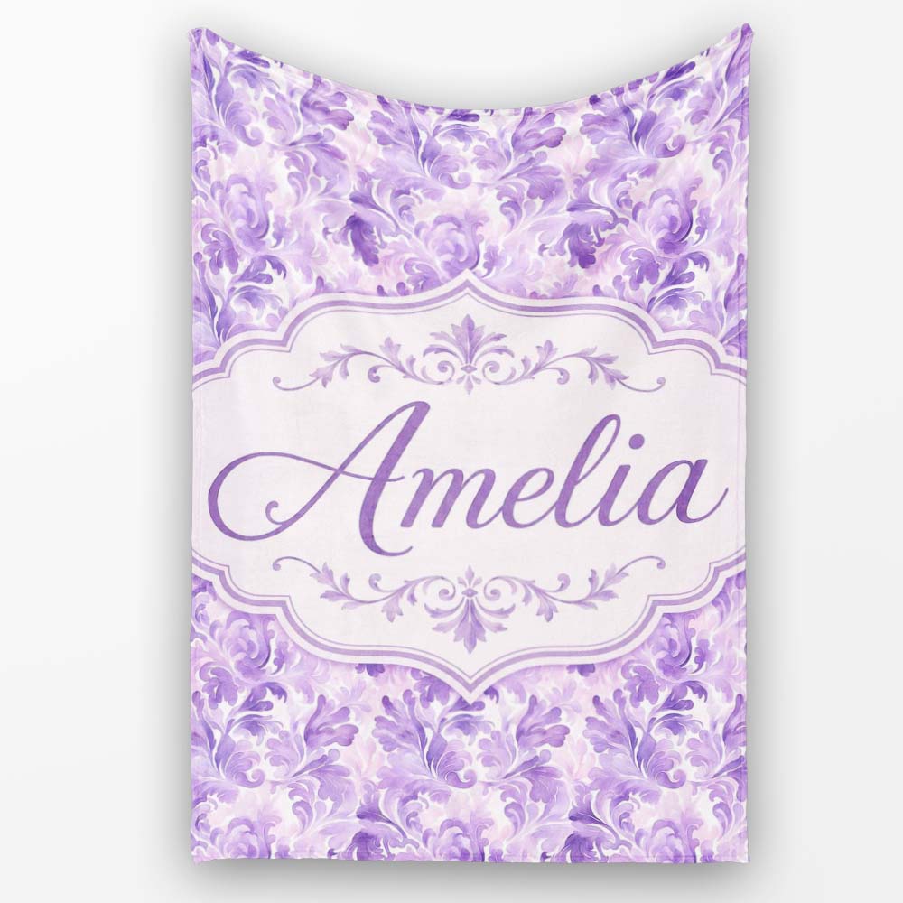 Lavender Ornate Damask Seamless Pattern Soft Watercolor Floral Personalised Custom Name Super Soft Fleece Blanket Bed Sofa Throw