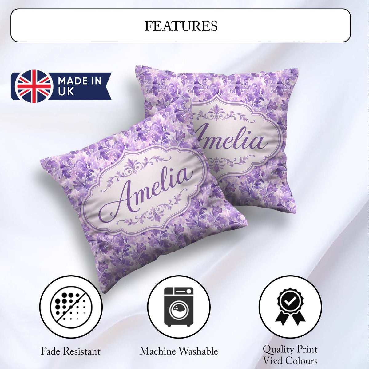 Custom Name Lavender Ornate Damask Seamless Pattern Soft Floral Square Filled Cushion Throw Pillow Sofa Bed Home Decor Zip Washable UK Made