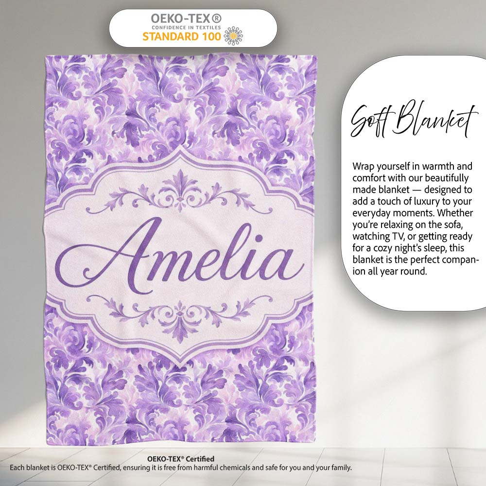 Lavender Ornate Damask Seamless Pattern Soft Watercolor Floral Personalised Custom Name Super Soft Fleece Blanket Bed Sofa Throw
