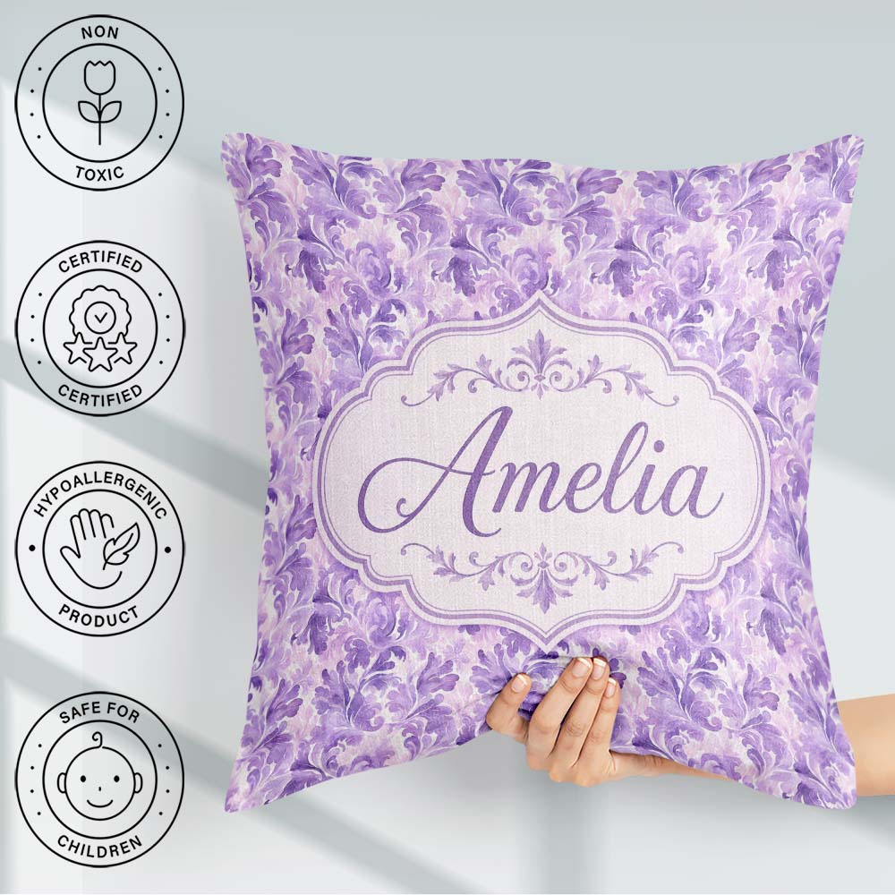 Custom Name Lavender Ornate Damask Seamless Pattern Soft Floral Square Filled Cushion Throw Pillow Sofa Bed Home Decor Zip Washable UK Made