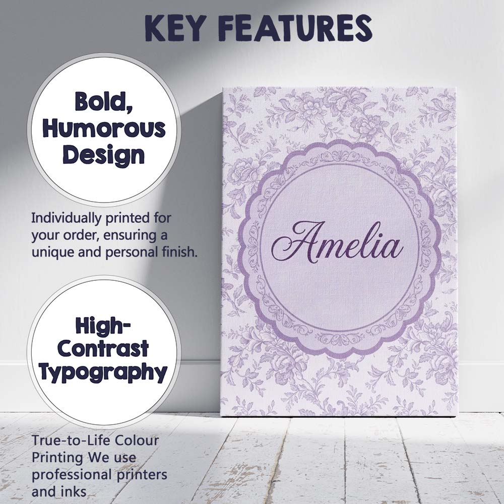 Personalised Name Purple Floral Garden Custom Modern Room Accent Elegant Feature Canvas Wall Art Print Decor Picture Ready to Hang