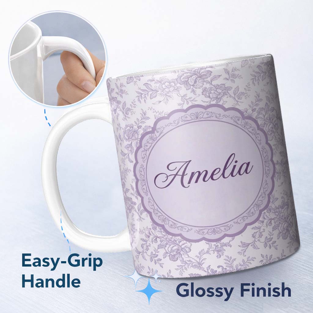 Personalized Custom Name Purple Floral Garden Seamless Pattern Delicate Botanical Blossom 11oz Ceramic Coffee Tea Mug White Large Handle