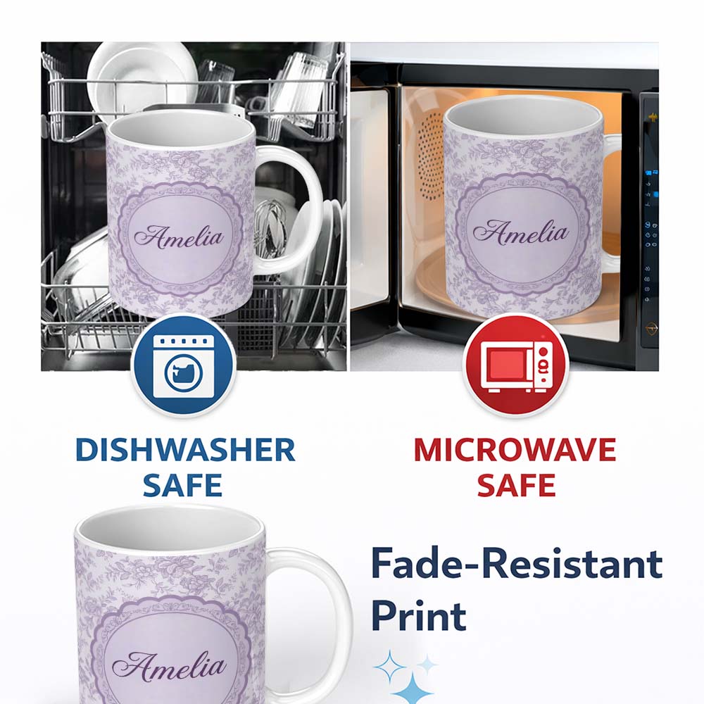 Personalized Custom Name Purple Floral Garden Seamless Pattern Delicate Botanical Blossom 11oz Ceramic Coffee Tea Mug White Large Handle