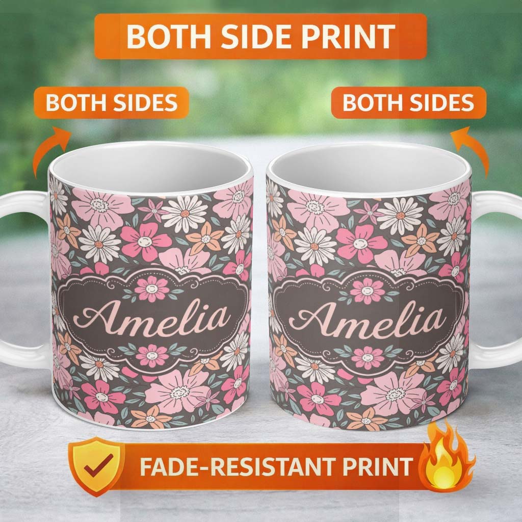 Personalized Custom Name Elegant Lavender Peony Floral Seamless Pattern Soft Vintage 11oz Ceramic Coffee Tea Mug White Large Handle