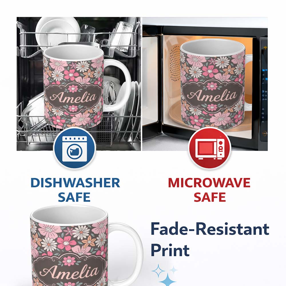 Personalized Custom Name Elegant Lavender Peony Floral Seamless Pattern Soft Vintage 11oz Ceramic Coffee Tea Mug White Large Handle