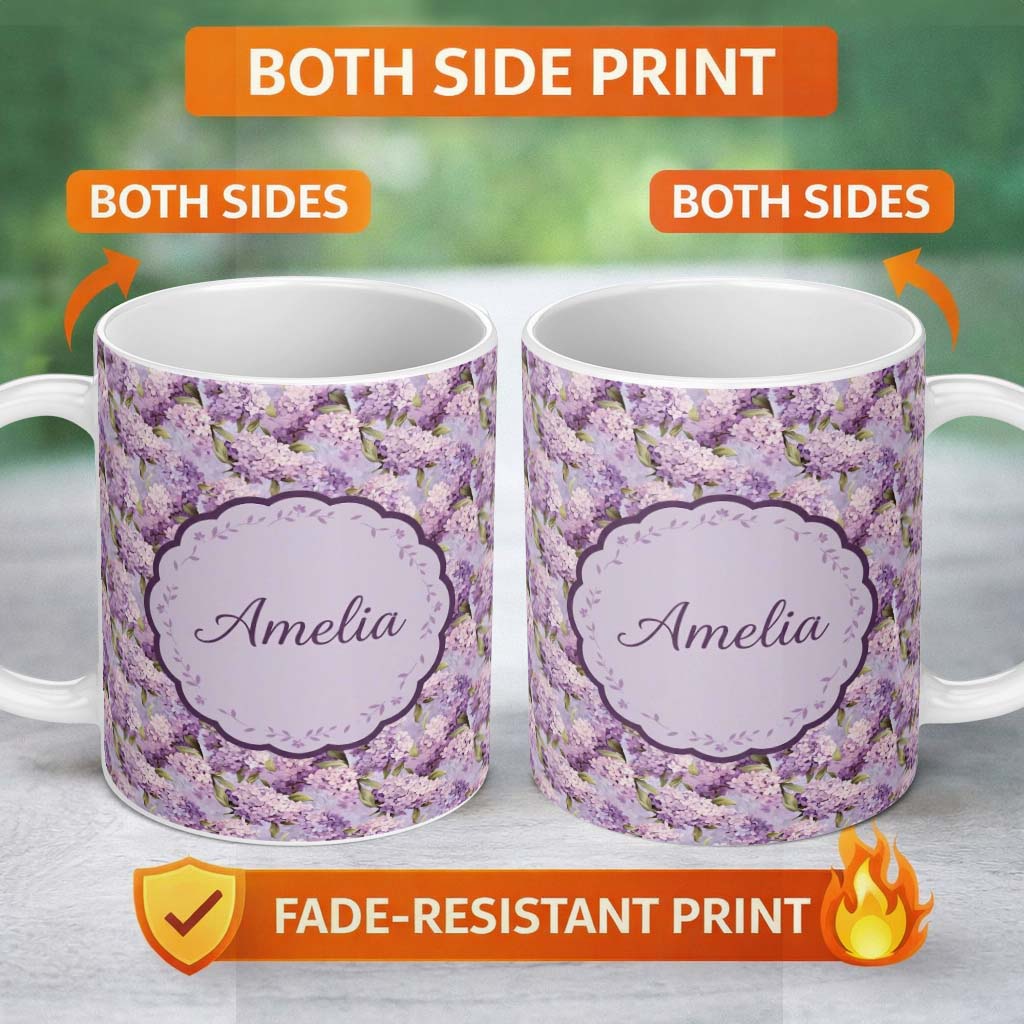 Personalized Custom Name Lilac Hydrangea Floral Seamless Pattern Soft Romantic Botanical 11oz Ceramic Coffee Tea Mug White Large Handle