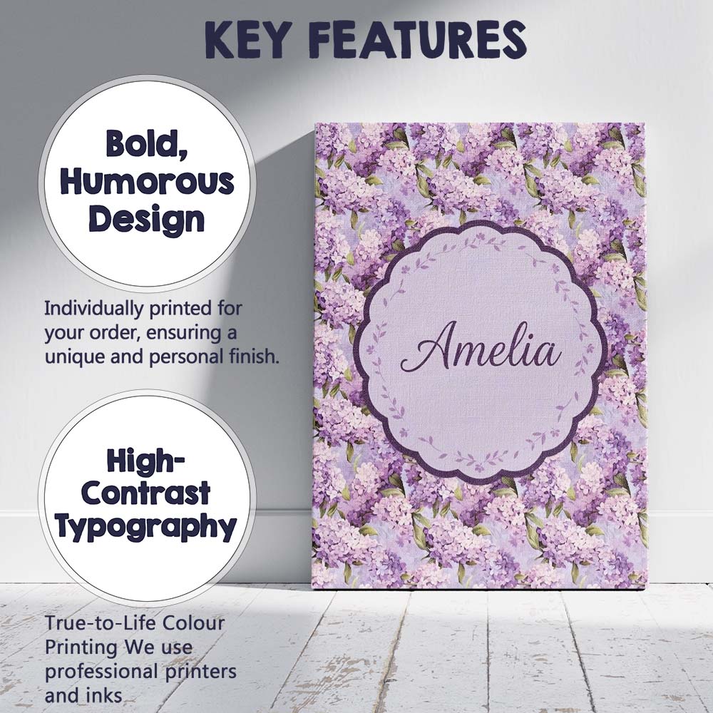 Personalised Name Lilac Hydrangea Floral Custom Unique Gift Idea Elegant Feature Canvas Wall Art Print Decor Picture Ready to Hang