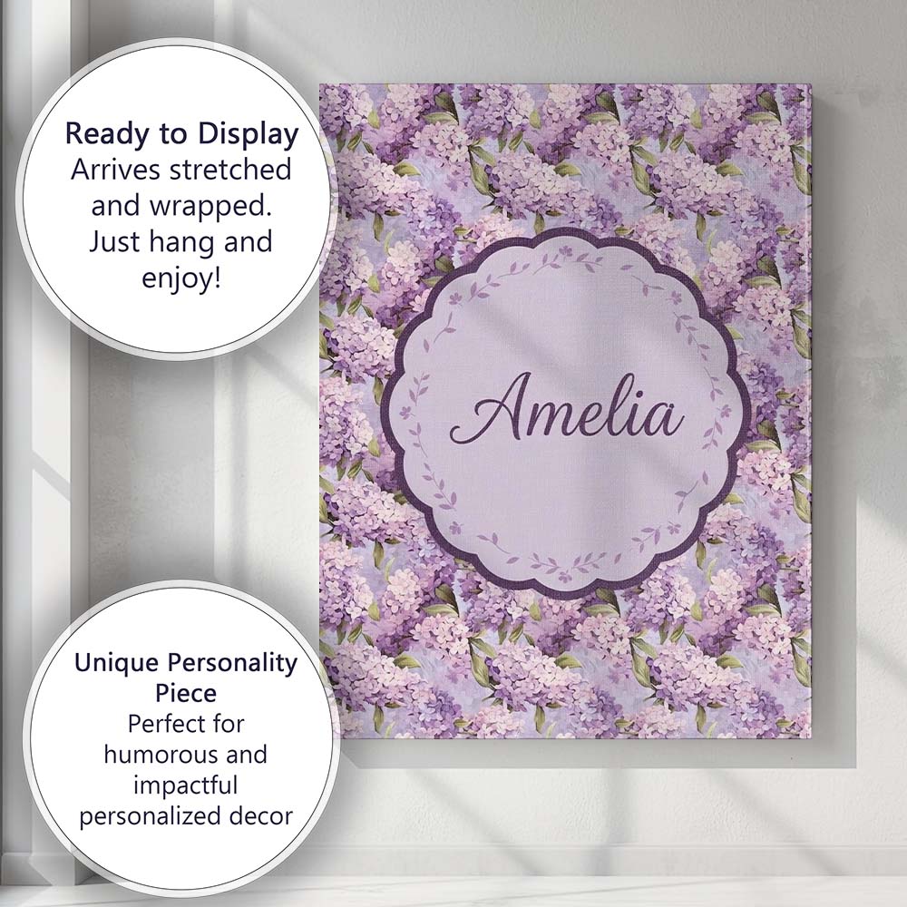 Personalised Name Lilac Hydrangea Floral Custom Unique Gift Idea Elegant Feature Canvas Wall Art Print Decor Picture Ready to Hang