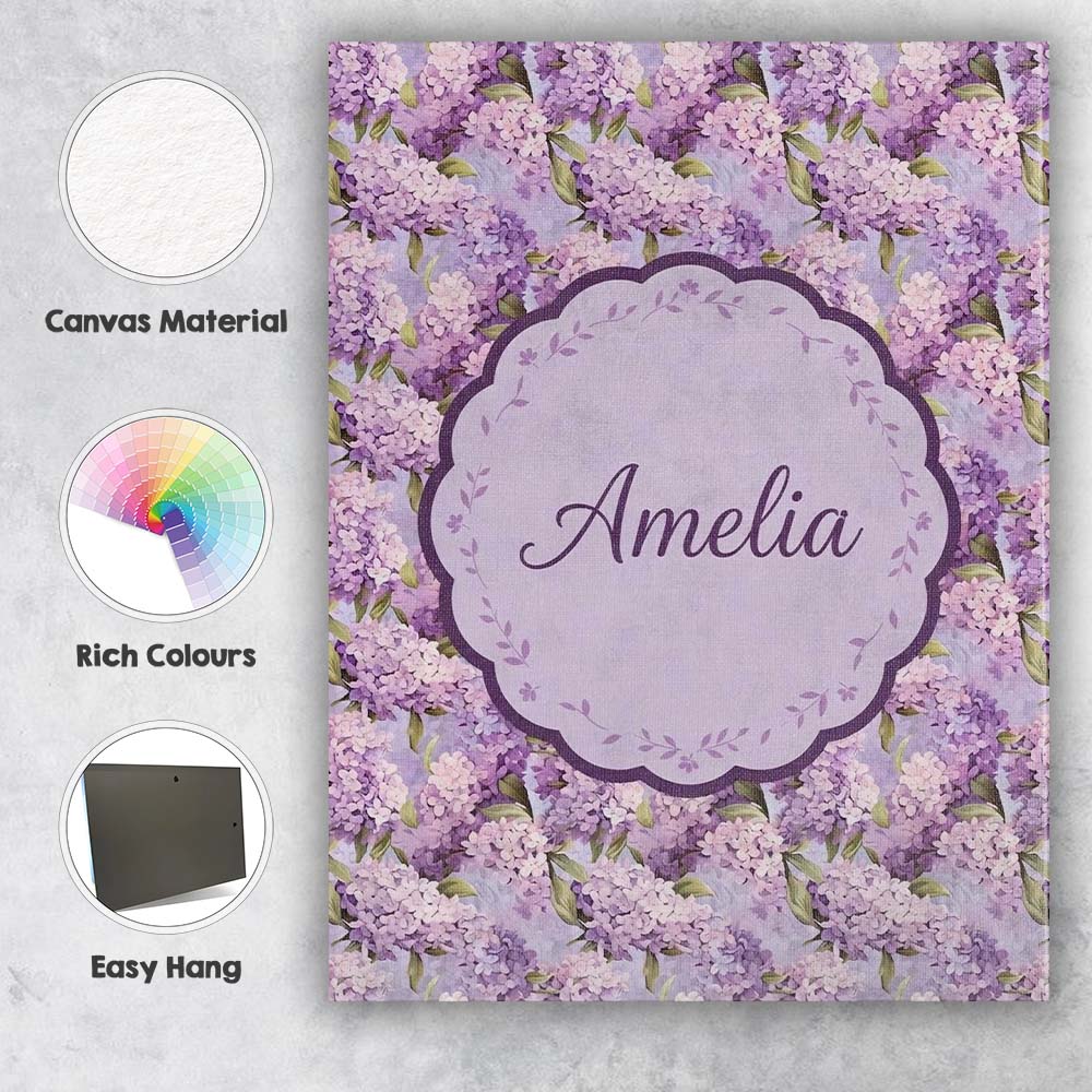 Personalised Name Lilac Hydrangea Floral Custom Unique Gift Idea Elegant Feature Canvas Wall Art Print Decor Picture Ready to Hang