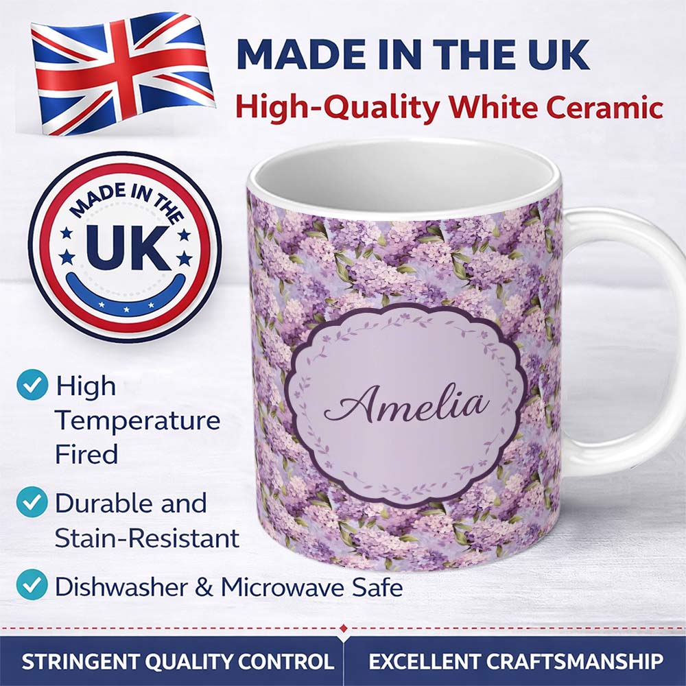 Personalized Custom Name Lilac Hydrangea Floral Seamless Pattern Soft Romantic Botanical 11oz Ceramic Coffee Tea Mug White Large Handle