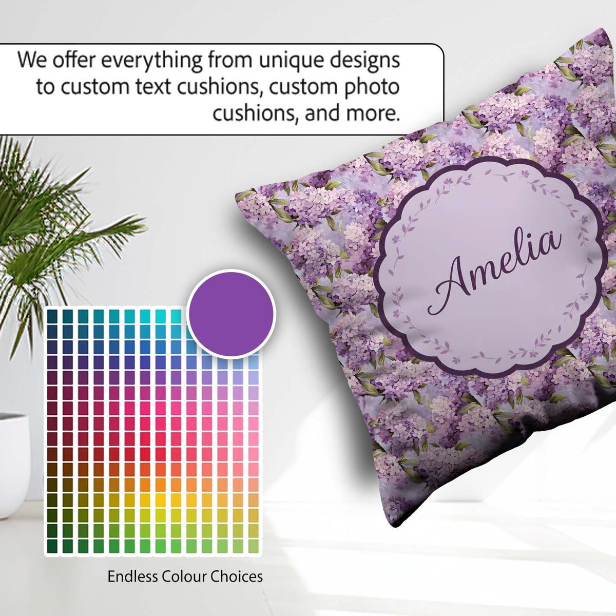 Custom Name Hydrangea Floral Seamless Pattern Romantic Botanical Square Filled Cushion Throw Pillow Sofa Bed Home Decor Zip Washable UK Made
