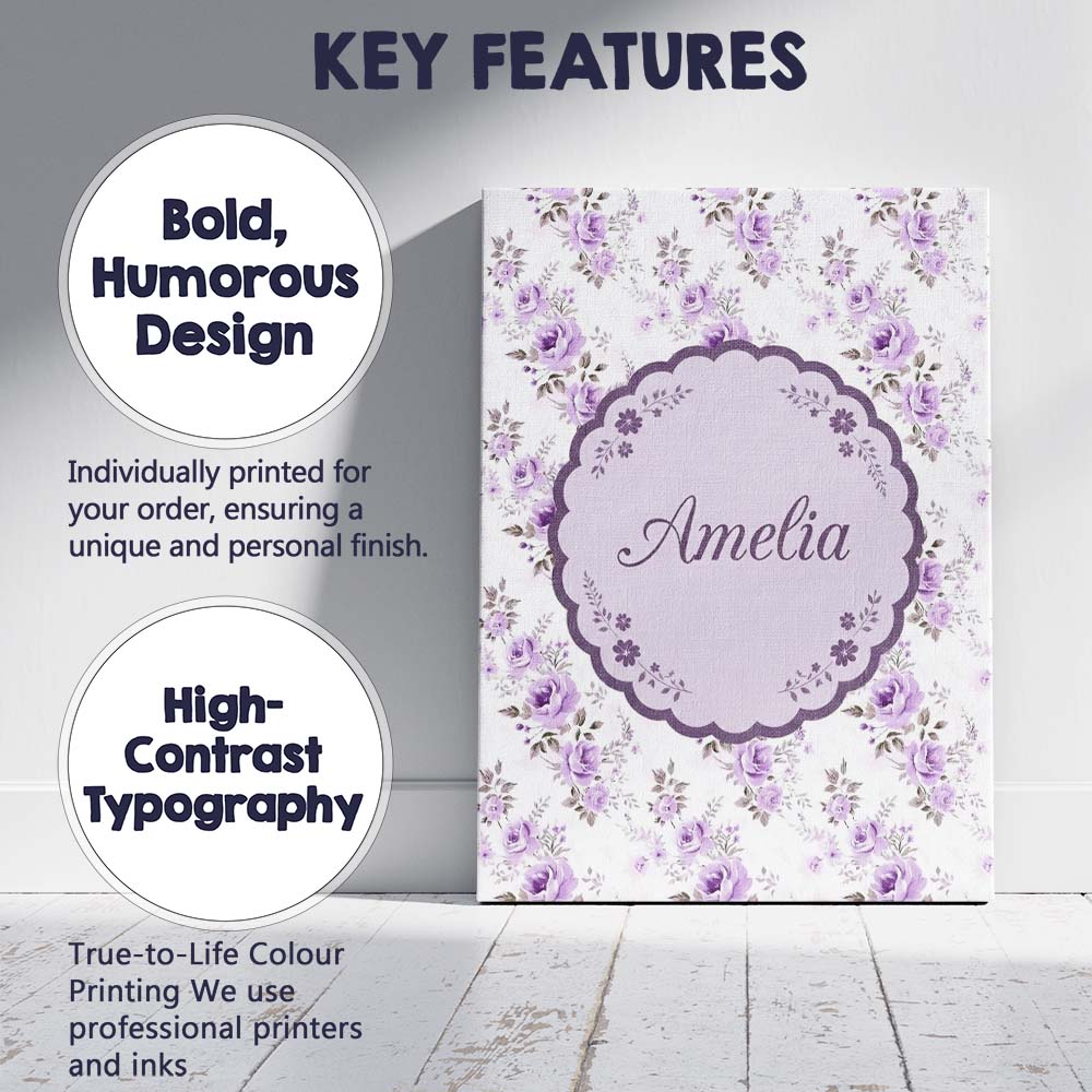 Personalised Name Pastel Purple Rose Floral Custom Bespoke Interior Contemporary Canvas Wall Art Print Decor Picture Ready to Hang