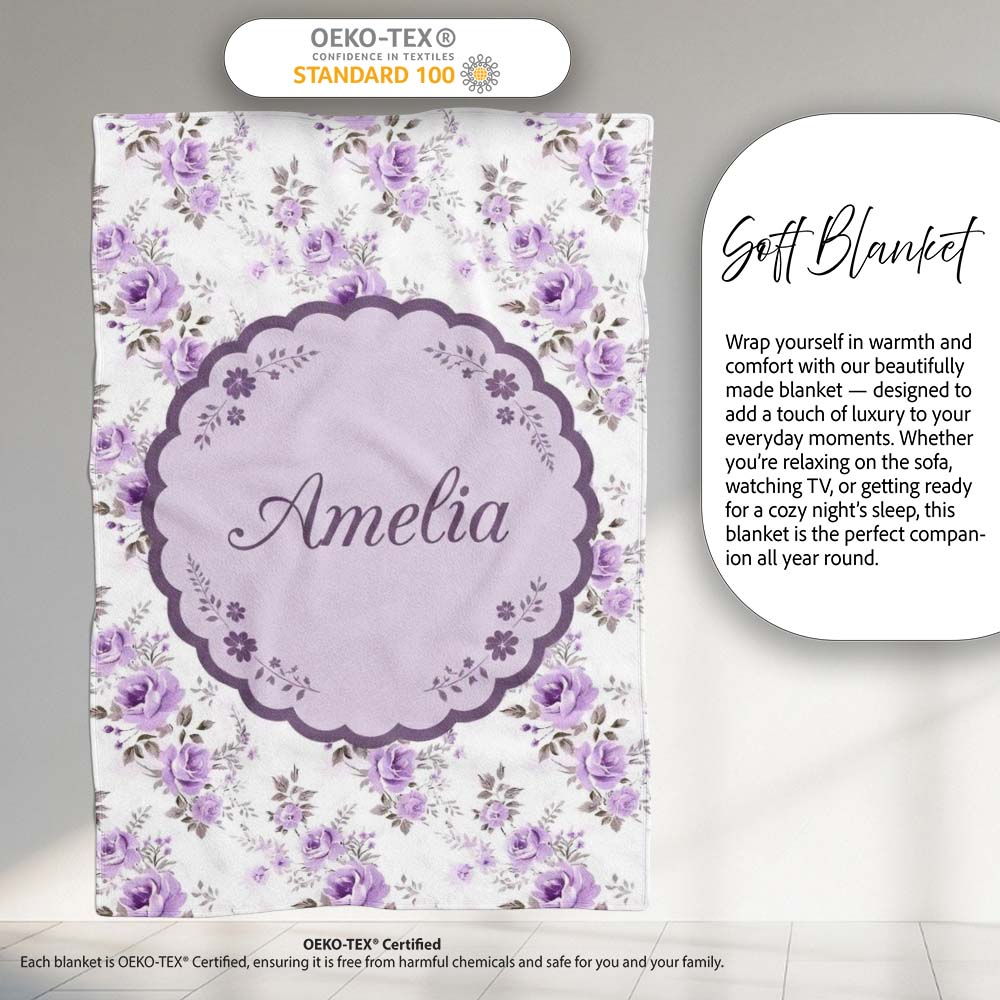 Pastel Purple Rose Floral Seamless Pattern Delicate Vintage Personalised Custom Name Super Soft Fleece Blanket Bed Sofa Throw