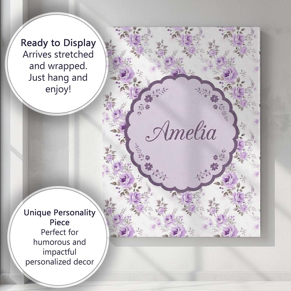 Personalised Name Pastel Purple Rose Floral Custom Bespoke Interior Contemporary Canvas Wall Art Print Decor Picture Ready to Hang