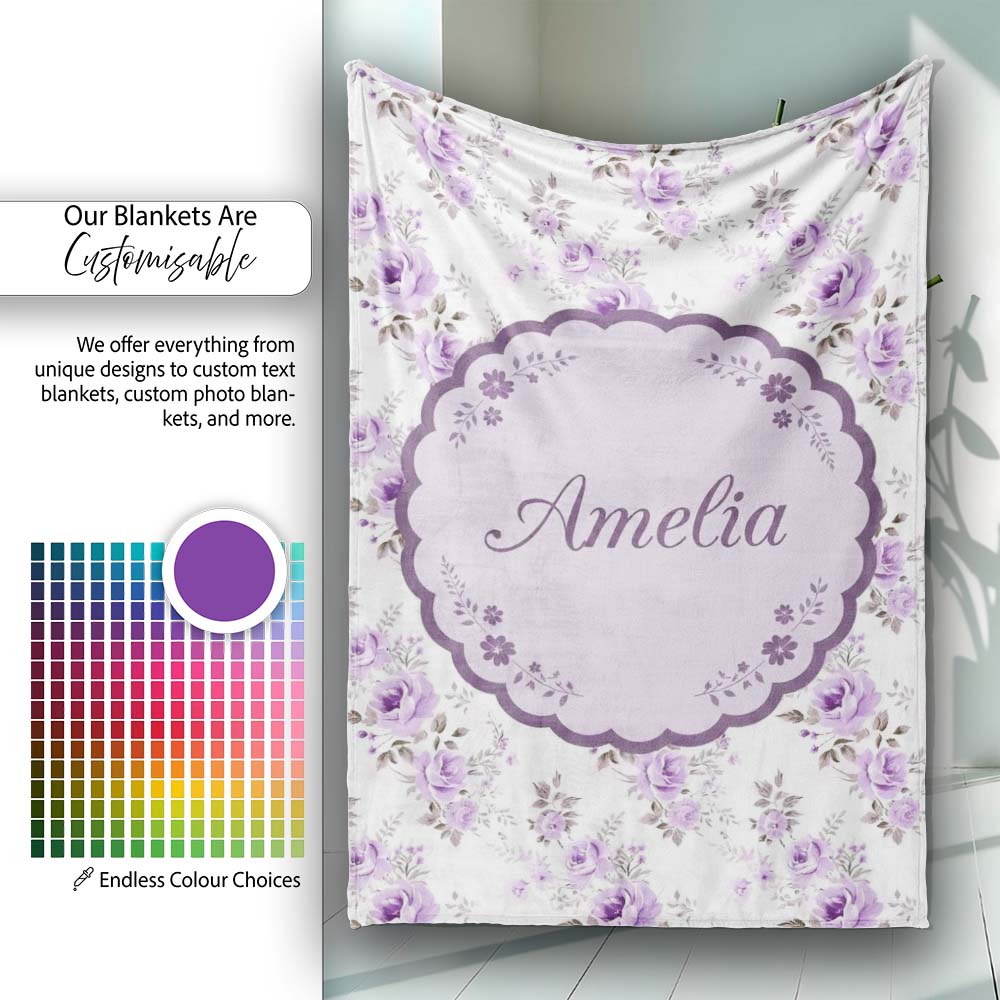 Pastel Purple Rose Floral Seamless Pattern Delicate Vintage Personalised Custom Name Super Soft Fleece Blanket Bed Sofa Throw