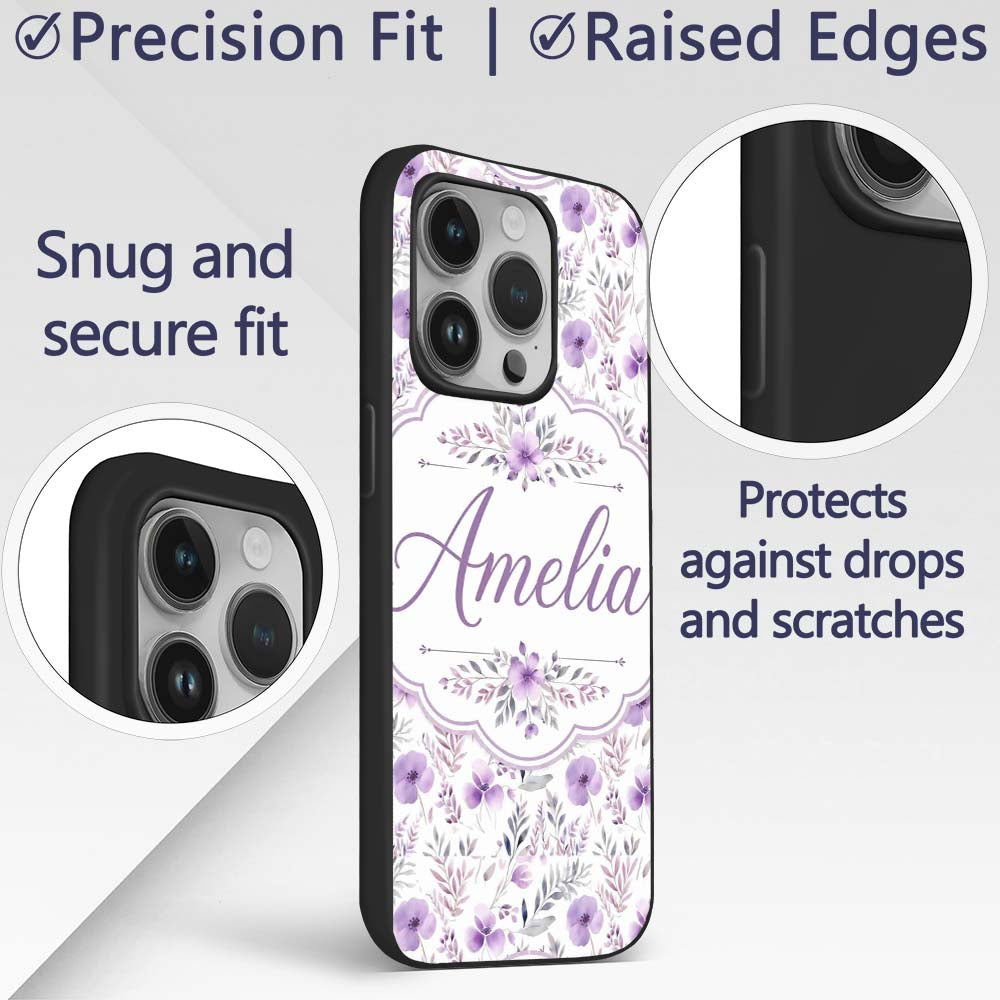 Watercolor Purple Wildflower Seamless Pattern Custom Name Protective Phone Case Mobile Cover Durable Everyday Smartphone Shock Resistant