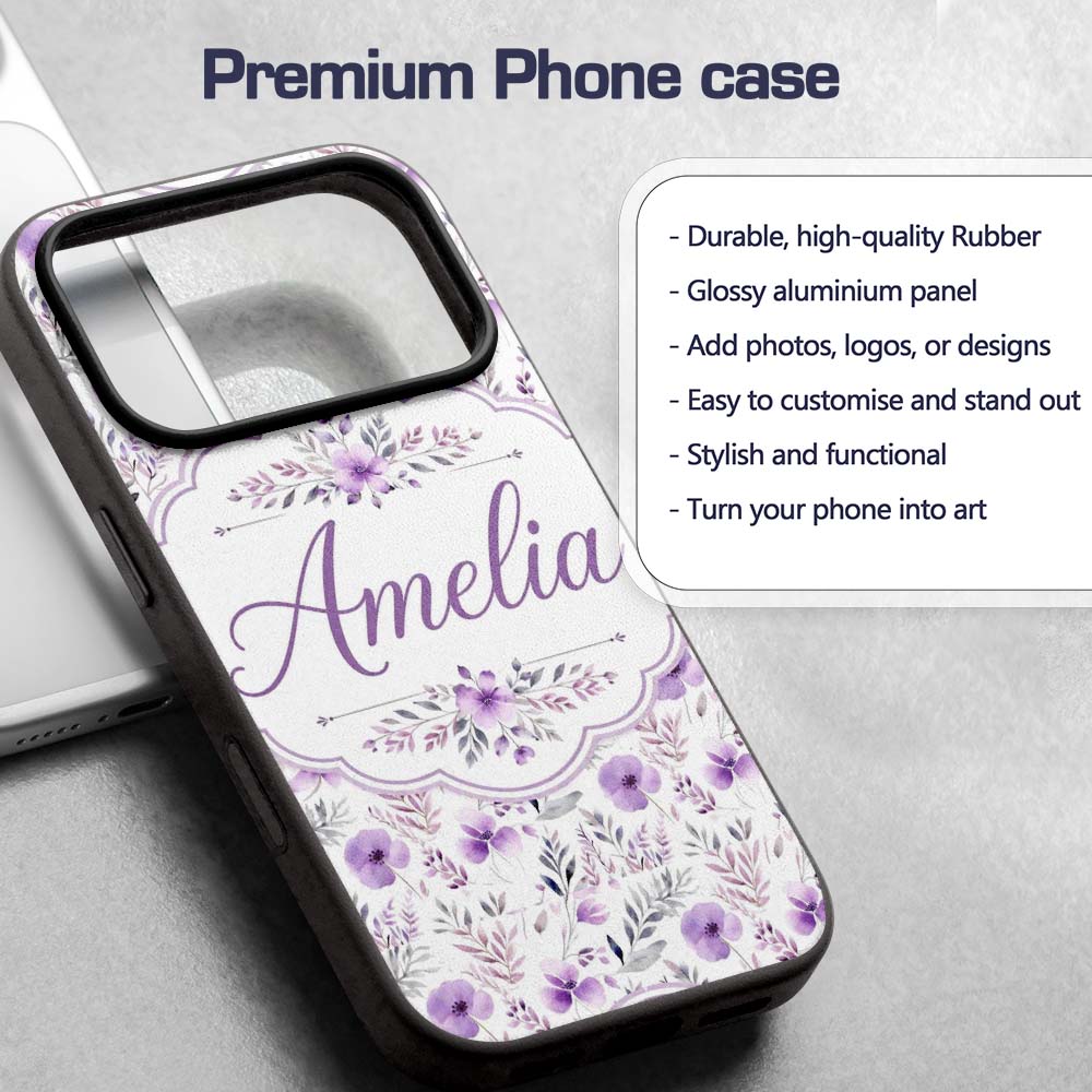 Watercolor Purple Wildflower Seamless Pattern Custom Name Protective Phone Case Mobile Cover Durable Everyday Smartphone Shock Resistant