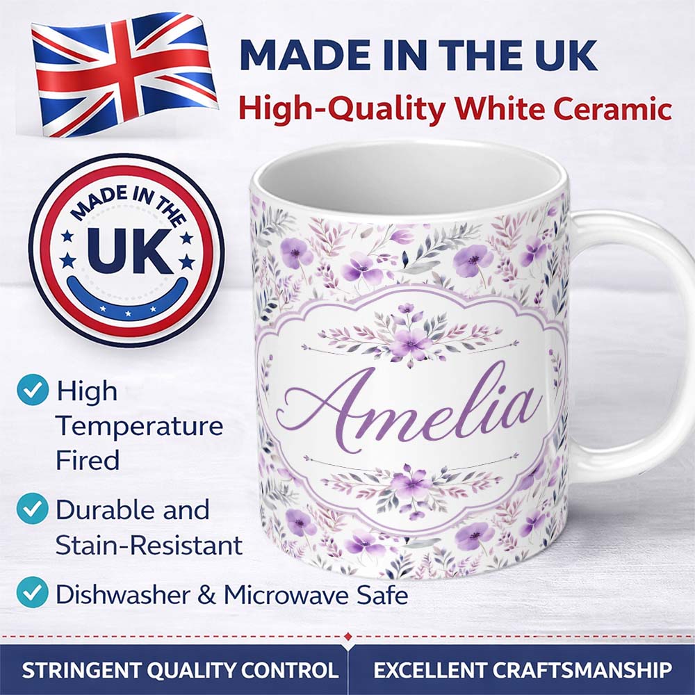 Personalized Custom Name Watercolor Purple Wildflower Seamless Pattern Soft Botanical Nature 11oz Ceramic Coffee Tea Mug White Large Handle