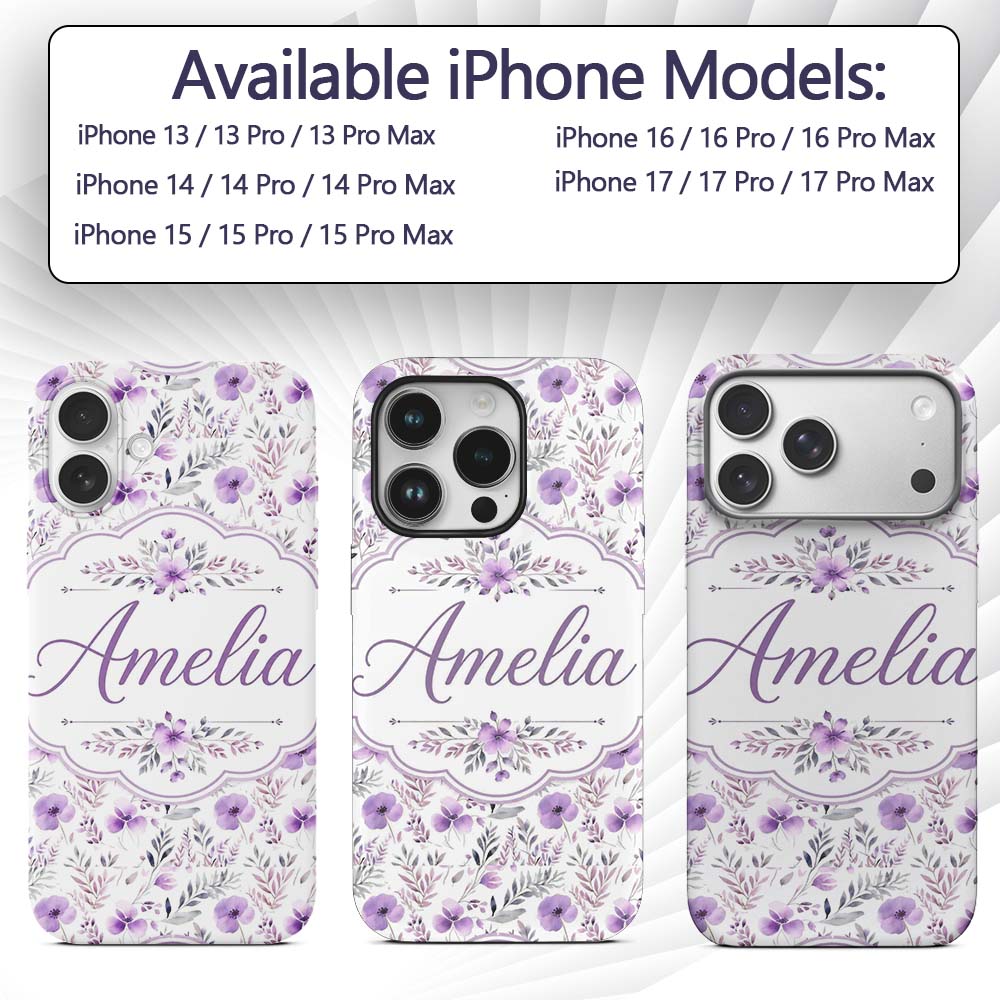 Watercolor Purple Wildflower Seamless Pattern Custom Name Protective Phone Case Mobile Cover Durable Everyday Smartphone Shock Resistant