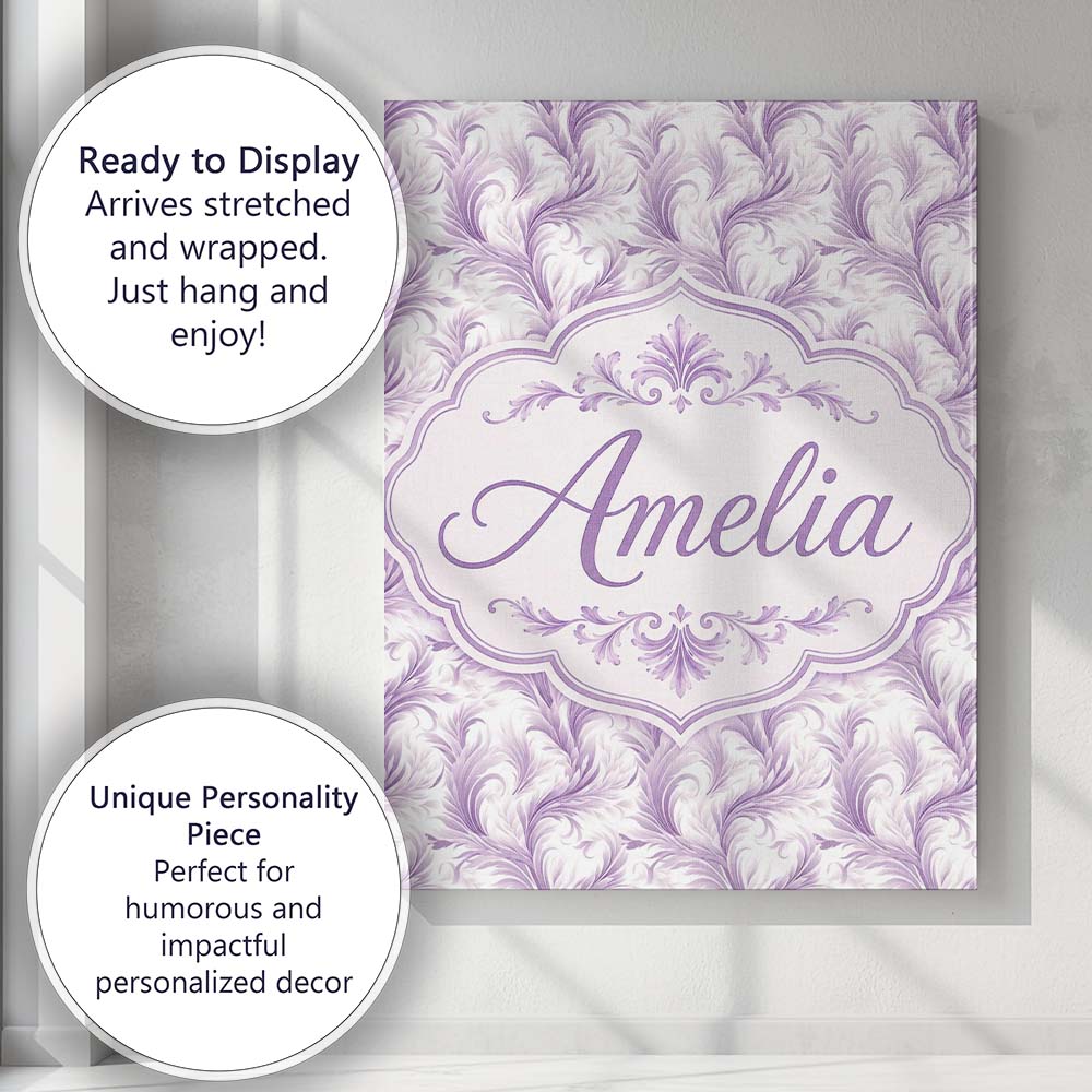 Personalised Name Soft Lavender Feather Custom Modern Room Accent Elegant Feature Canvas Wall Art Print Decor Picture Ready to Hang