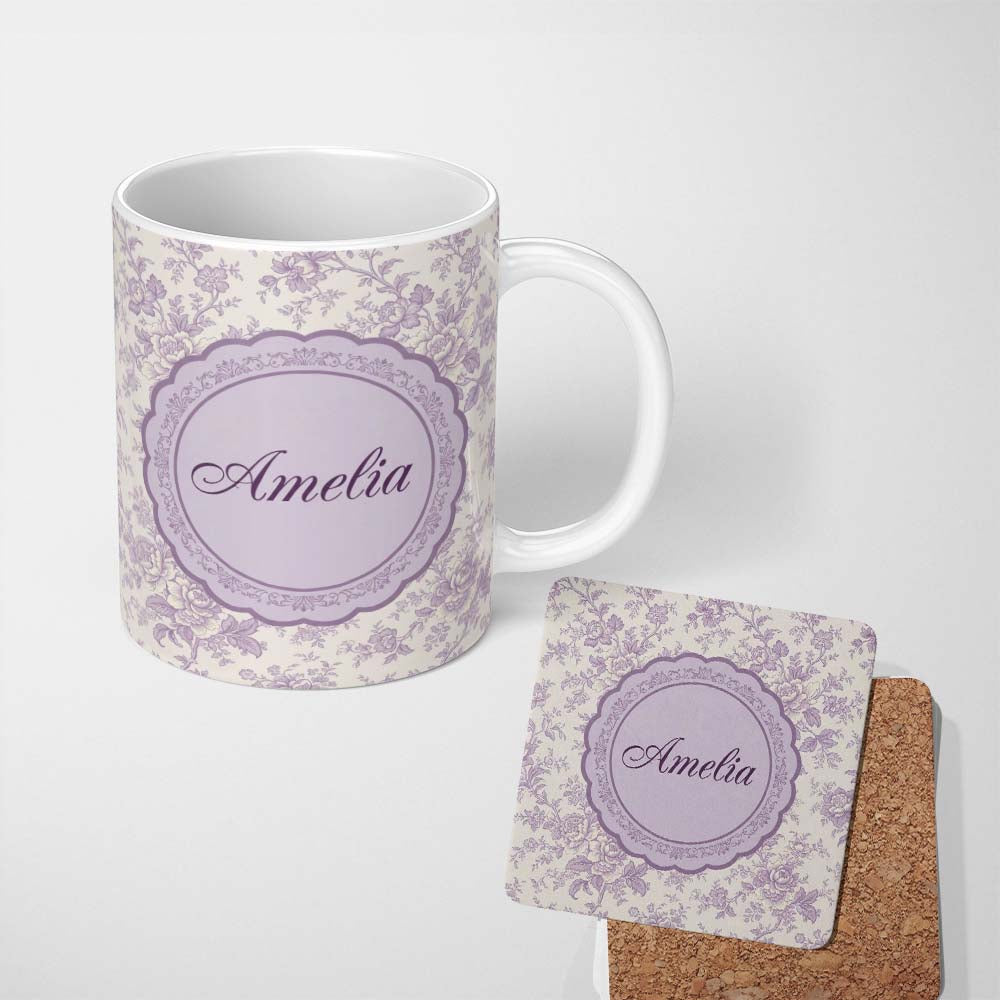 Personalized Custom Name Vintage Purple Small Floral Seamless Pattern Classic Delicate 11oz Ceramic Coffee Tea Mug White Large Handle