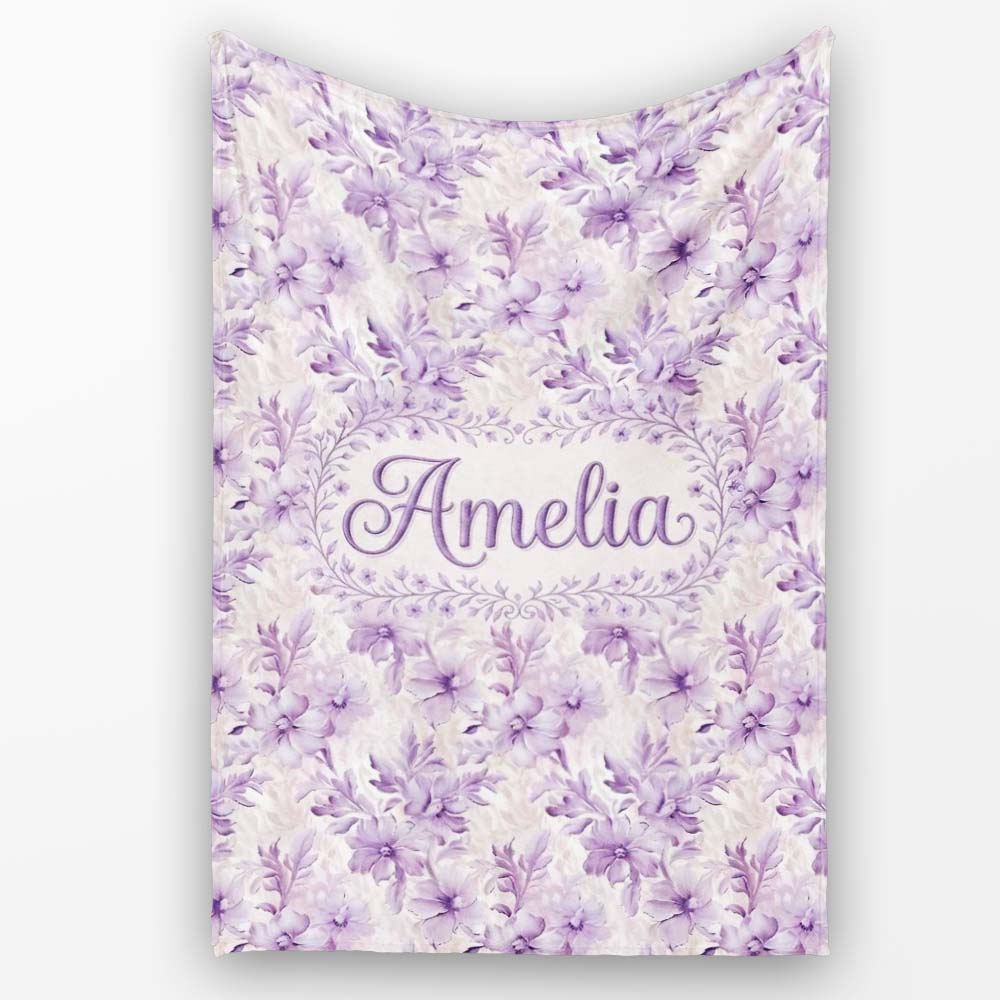 Lavender Floral Blossom Seamless Pattern Elegant Watercolor Personalised Custom Name Super Soft Fleece Blanket Bed Sofa Throw