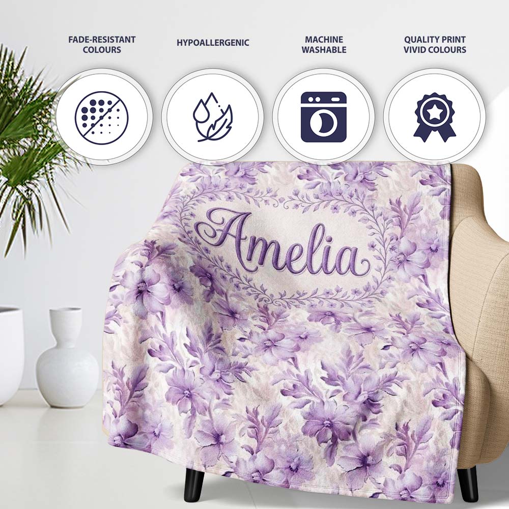 Lavender Floral Blossom Seamless Pattern Elegant Watercolor Personalised Custom Name Super Soft Fleece Blanket Bed Sofa Throw