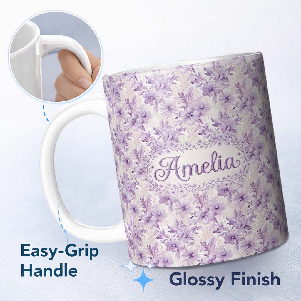 Personalized Custom Name Lavender Floral Blossom Seamless Pattern Elegant Watercolor 11oz Ceramic Coffee Tea Mug White Large Handle