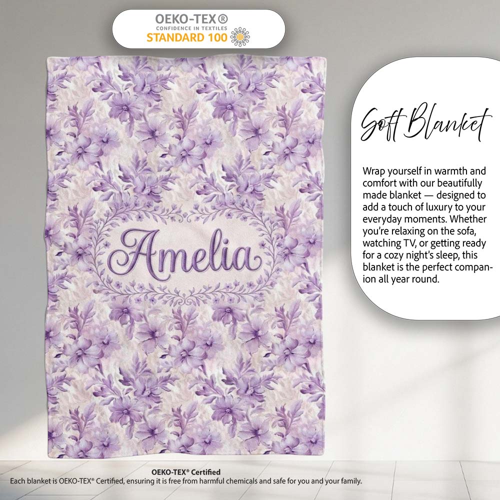 Lavender Floral Blossom Seamless Pattern Elegant Watercolor Personalised Custom Name Super Soft Fleece Blanket Bed Sofa Throw