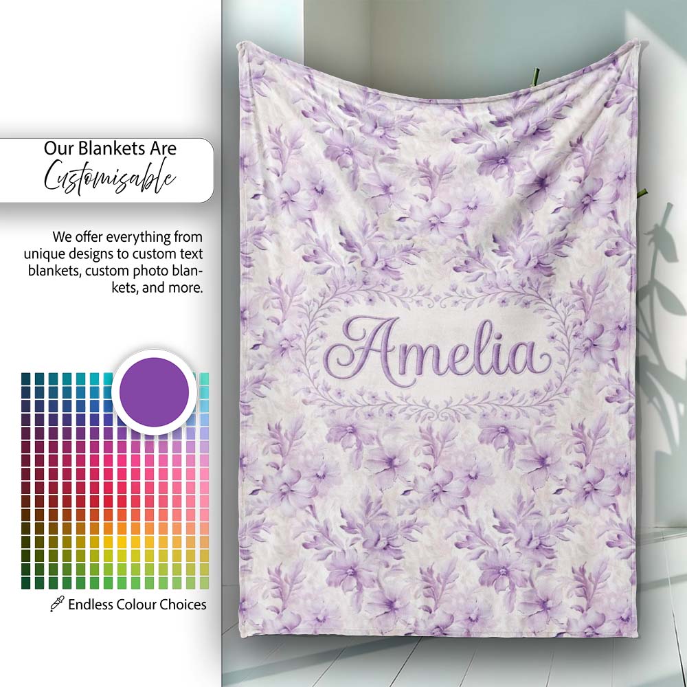 Lavender Floral Blossom Seamless Pattern Elegant Watercolor Personalised Custom Name Super Soft Fleece Blanket Bed Sofa Throw