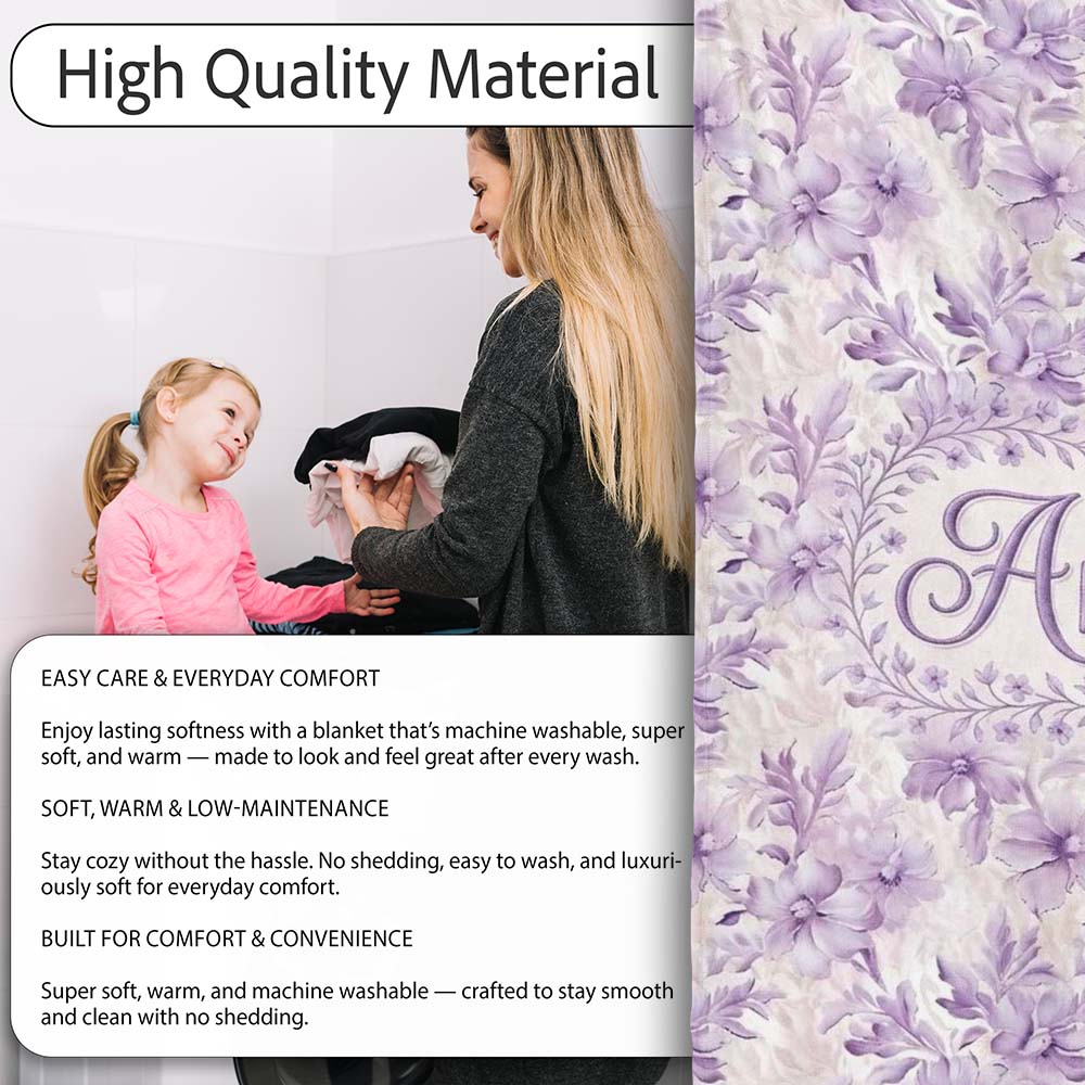 Lavender Floral Blossom Seamless Pattern Elegant Watercolor Personalised Custom Name Super Soft Fleece Blanket Bed Sofa Throw