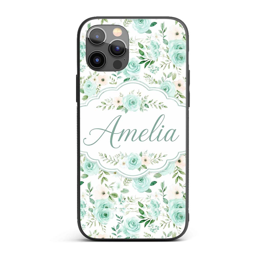 Mint Green Rose Floral Seamless Pattern Soft Custom Name Protective Phone Case Mobile Cover Durable Everyday Smartphone Shock Resistant