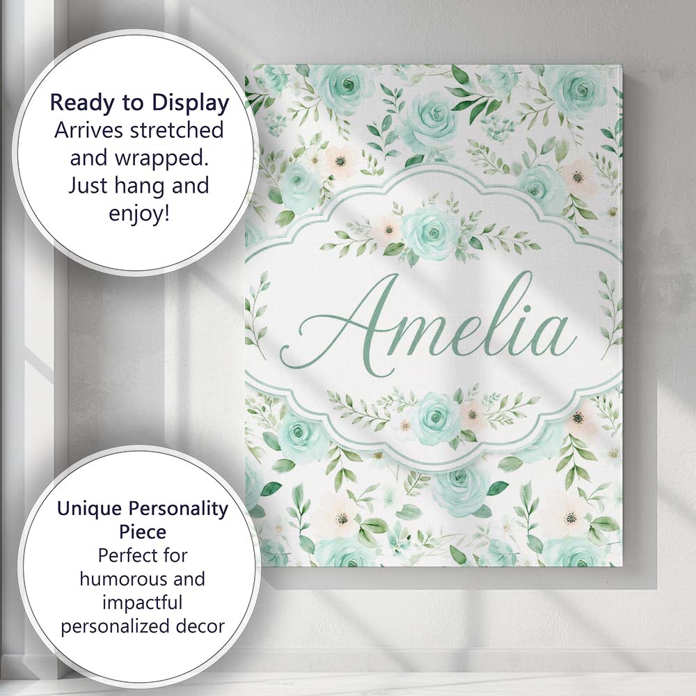 Personalised Name Mint Green Rose Floral Custom Unique Gift Idea Elegant Feature Canvas Wall Art Print Decor Picture Ready to Hang