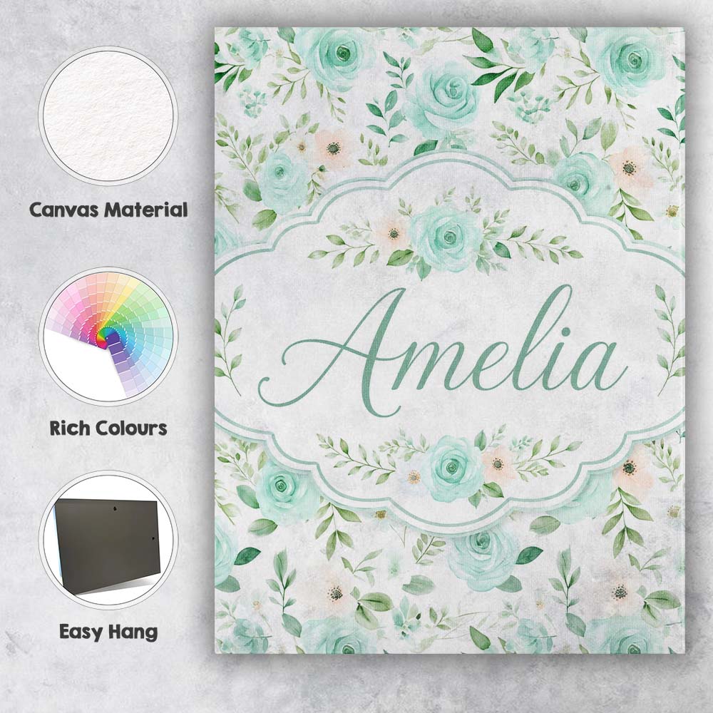 Personalised Name Mint Green Rose Floral Custom Unique Gift Idea Elegant Feature Canvas Wall Art Print Decor Picture Ready to Hang