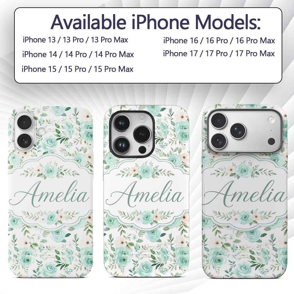 Mint Green Rose Floral Seamless Pattern Soft Custom Name Protective Phone Case Mobile Cover Durable Everyday Smartphone Shock Resistant