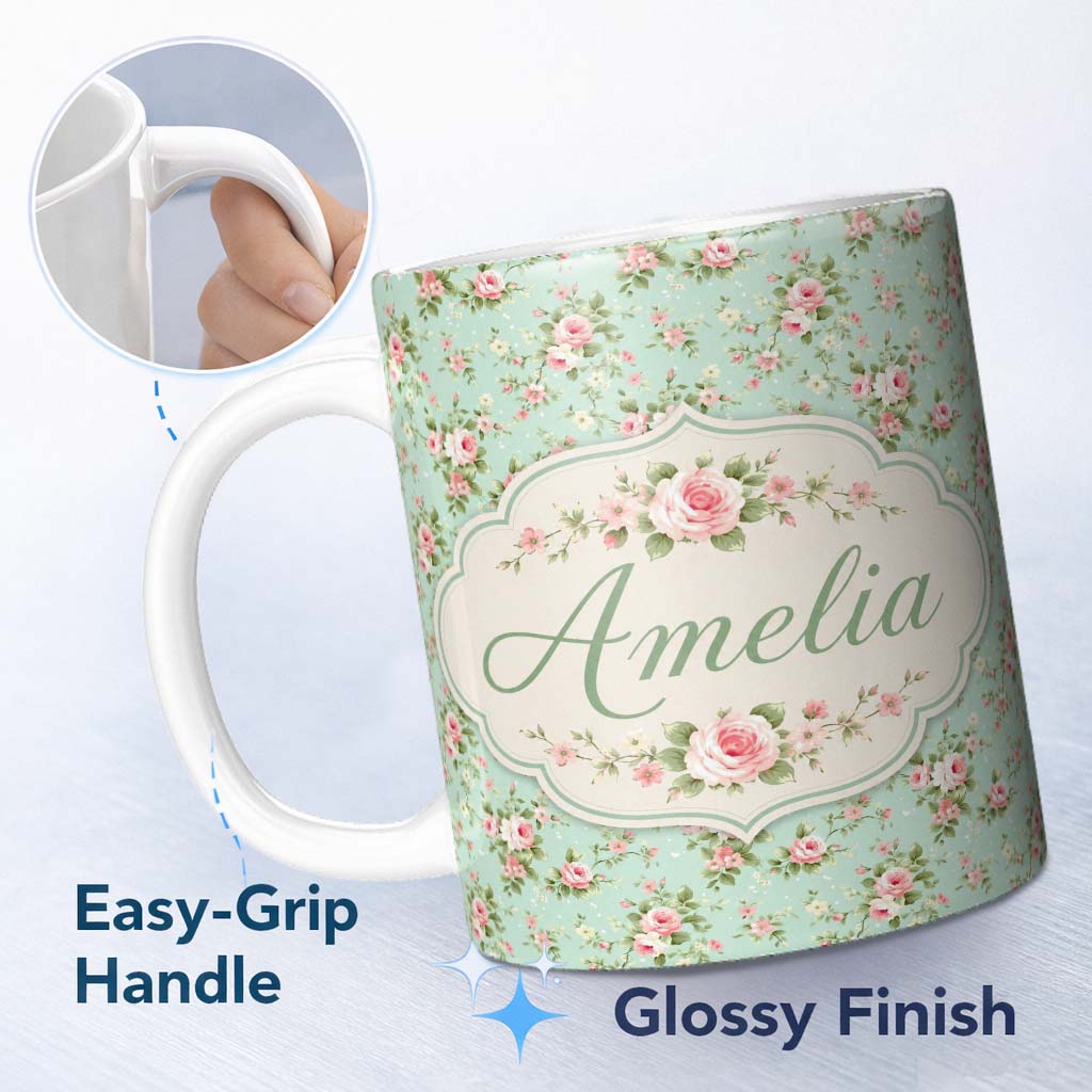 Personalized Custom Name Vintage Pink Rose Floral Seamless Pattern Pastel Garden Botanical 11oz Ceramic Coffee Tea Mug White Large Handle