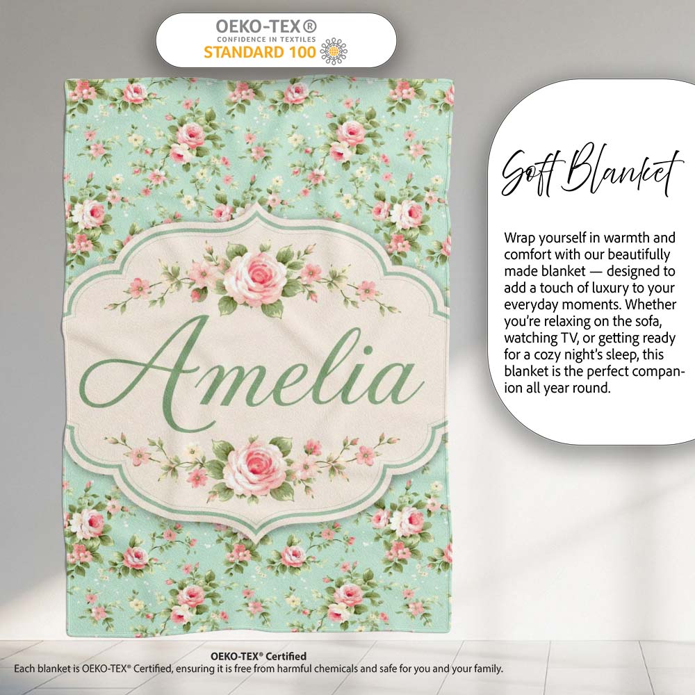 Vintage Pink Rose Floral Seamless Pattern Pastel Garden Botanical Personalised Custom Name Super Soft Fleece Blanket Bed Sofa Throw