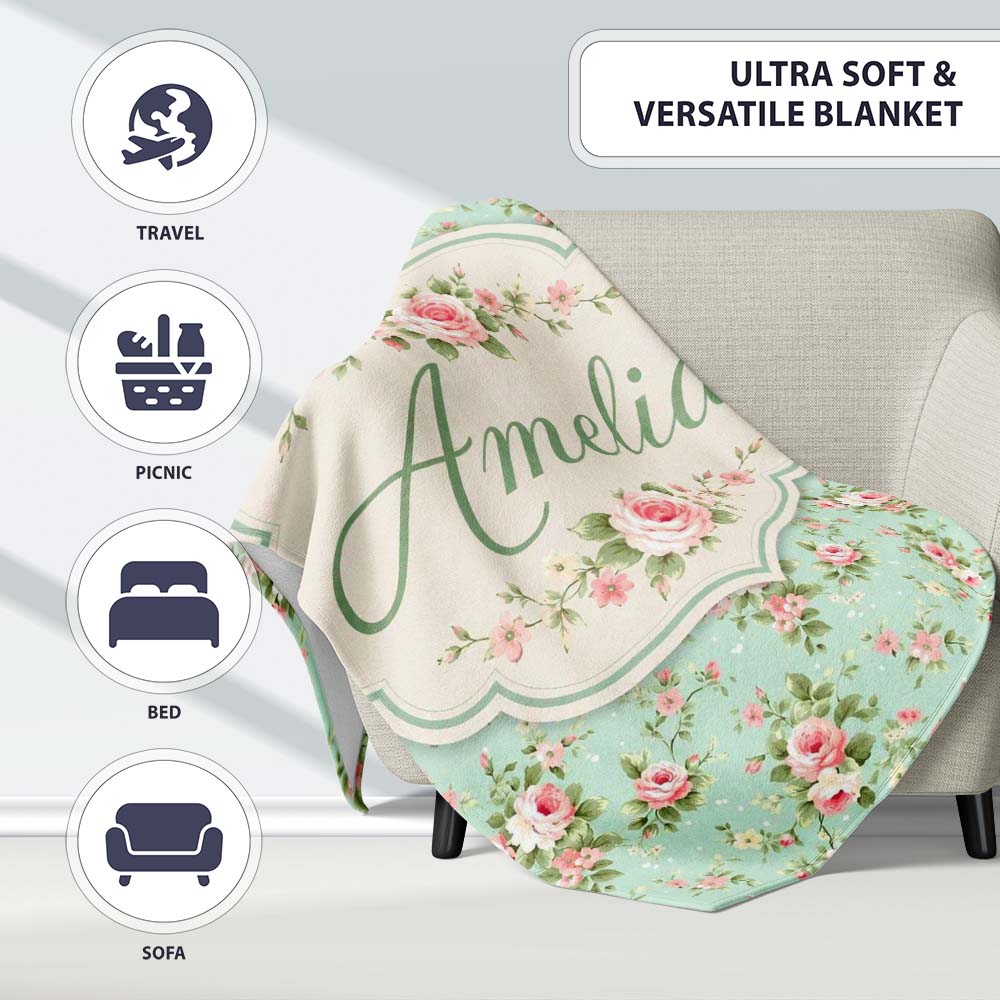 Vintage Pink Rose Floral Seamless Pattern Pastel Garden Botanical Personalised Custom Name Super Soft Fleece Blanket Bed Sofa Throw