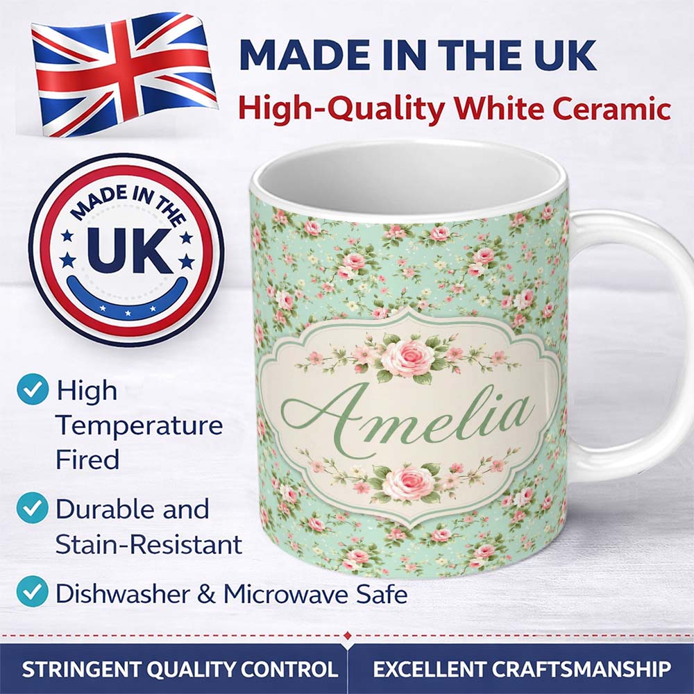 Personalized Custom Name Vintage Pink Rose Floral Seamless Pattern Pastel Garden Botanical 11oz Ceramic Coffee Tea Mug White Large Handle
